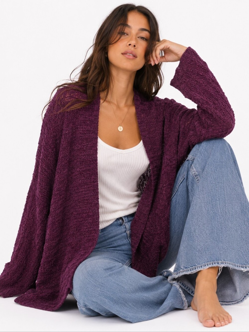 Free People ($210) Flowy Open Front Cardigan Oversized Slouchy Knit Boho Sweater